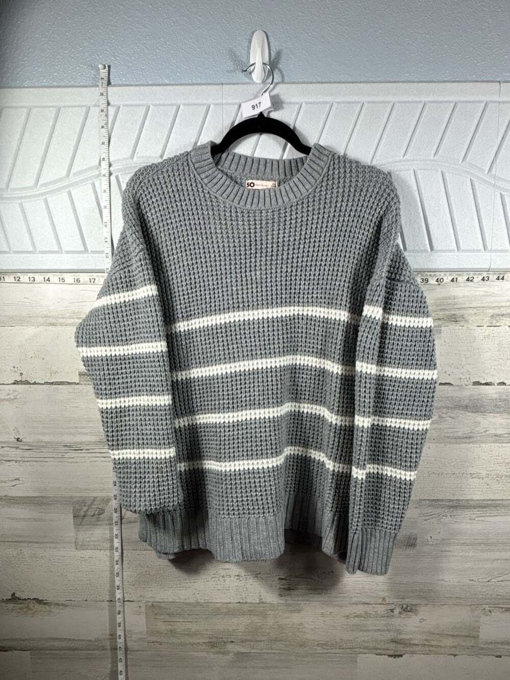 SO Gray and White Striped Waffle Knit Crew Neck Sweater
